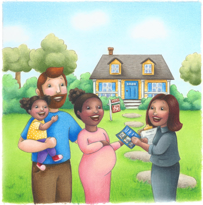illustration of realtor sharing a brochure, Protect Your Family from Lead in Your Home, with a family