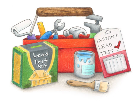 illustration of Lead test kit, toolbox, paint, and instant lead test