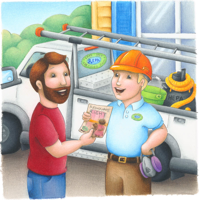 illustration of lead safe certified lead inspector handing a Renovate Right brochure to a homeowner